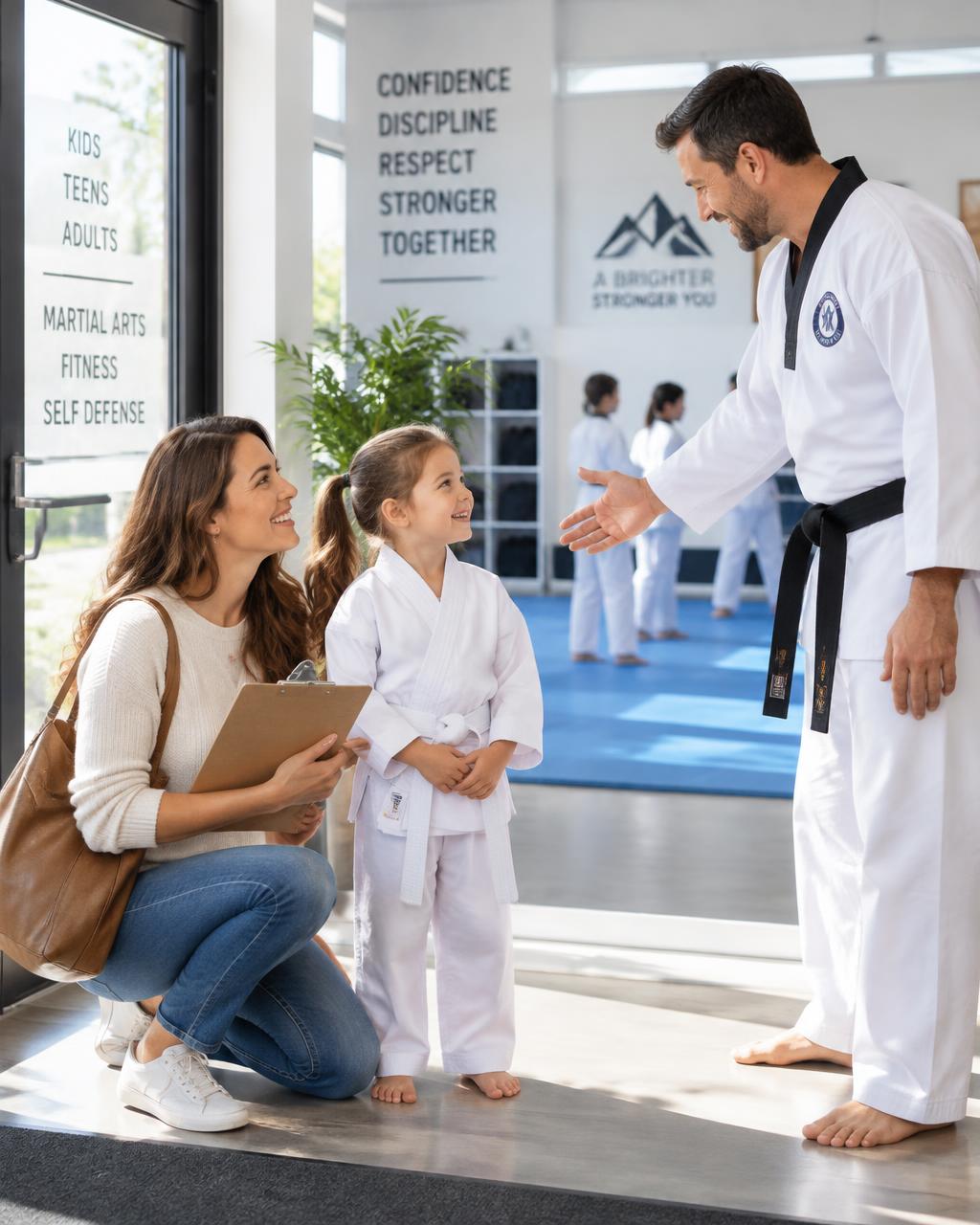 A parent and child meeting the instructor before a first martial arts class